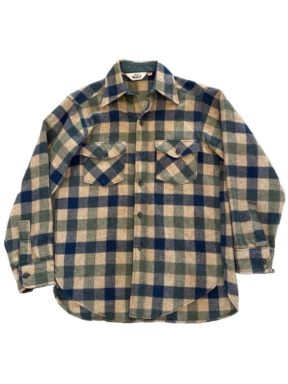 Vintage Woolrich Shirt Jacket Mens Medium Blue Green Tan Check Wool USA 70s 80s